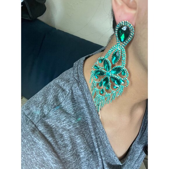 Big Green Crystal earrings large rhinestone emerald dark green pine green huge - Picture 5 of 6